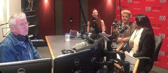 Pallave (far right) helping to promote THRF fundraiser, The Longest Table, on ABC radio. May 2016.